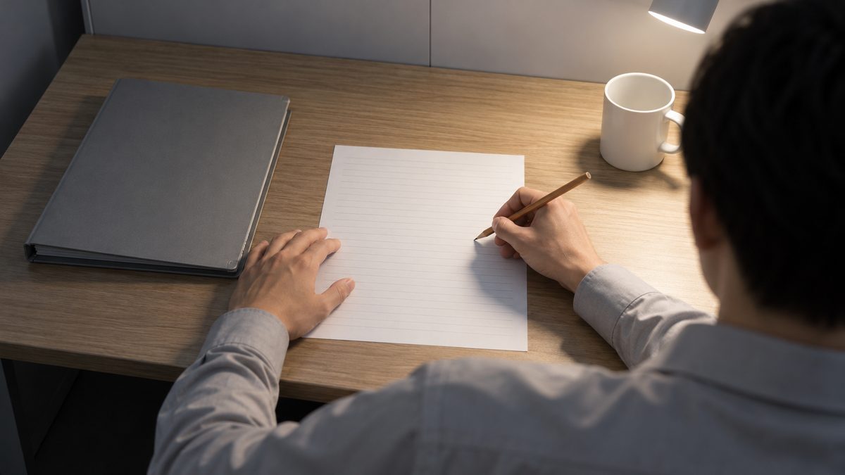 夜のデスクで、罫線だけの白い紙に鉛筆を当てて書き出す後ろ姿の担当者
