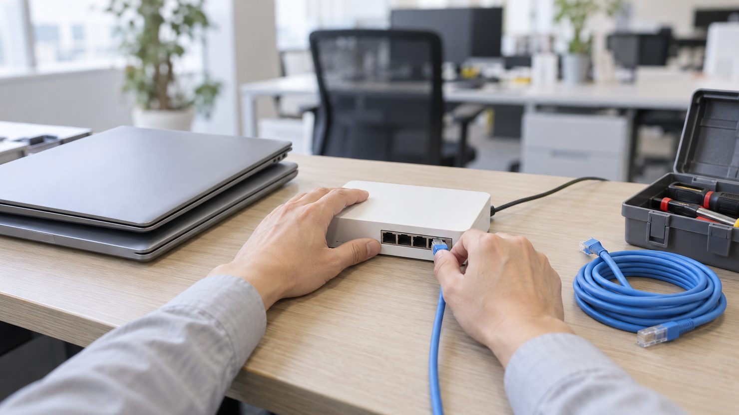 オフィスの机でネットワーク機器にLANケーブルを差し込む社内SEの手元