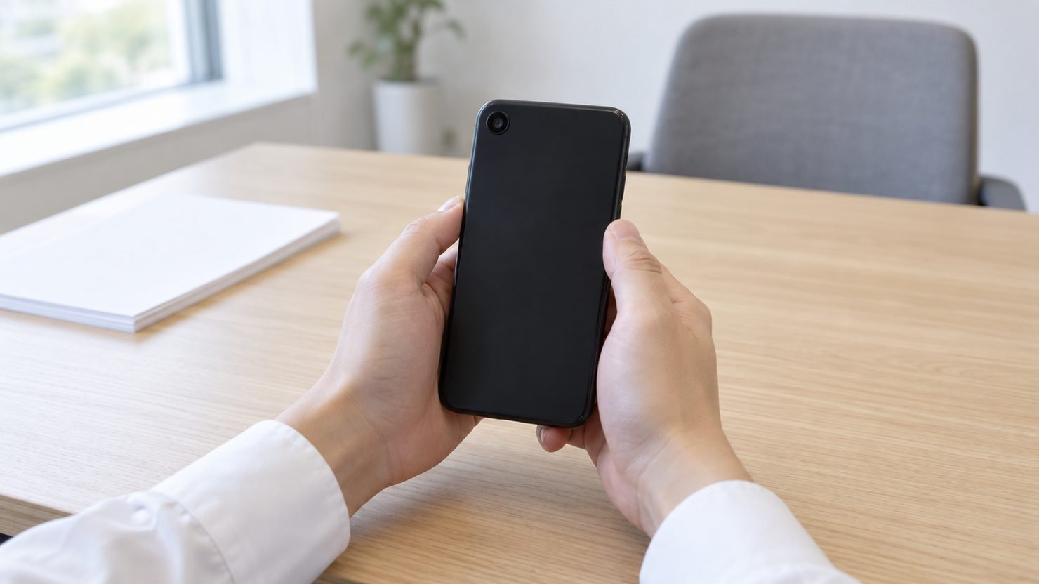 木目の机で、白いシャツの両手が黒いスマートフォンの背面を持つ。奥に紙の束と空いた椅子
