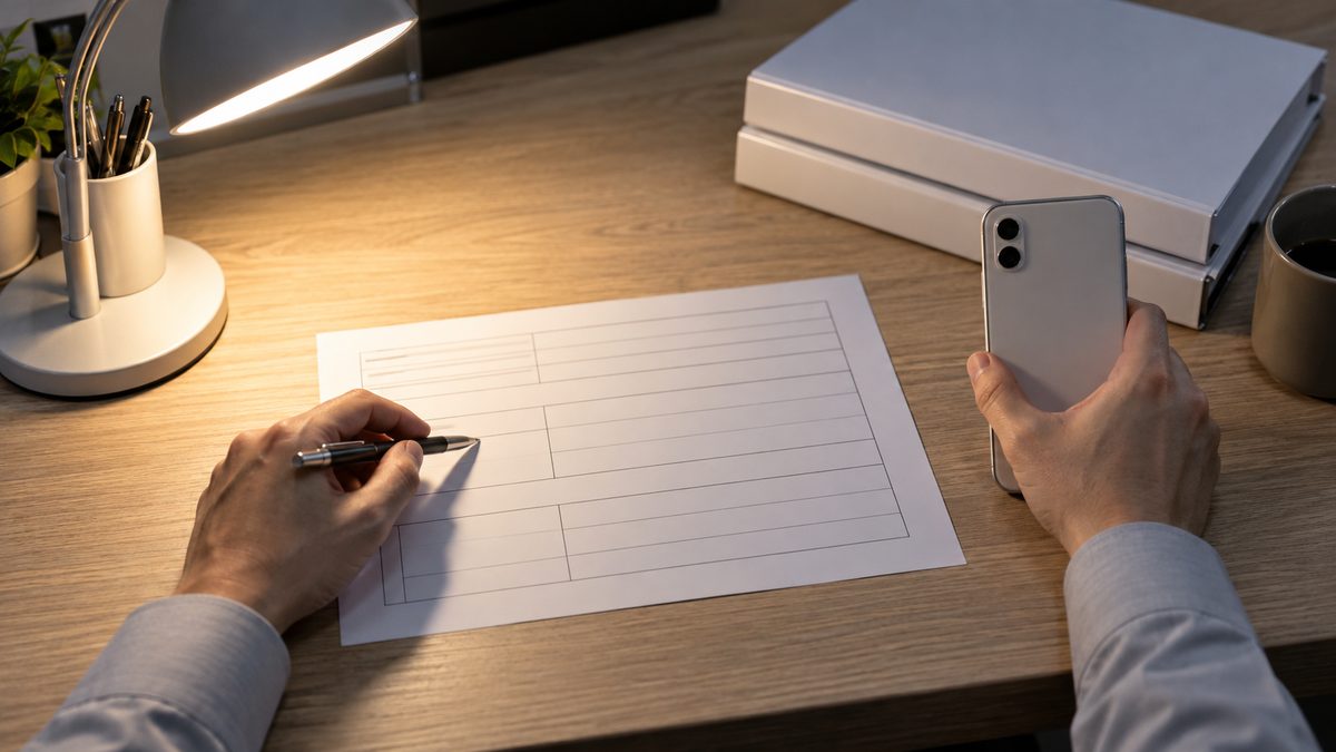 夜の机で、左手のペンが枠線だけの書類に触れ、右手がスマートフォンの背面を持つ