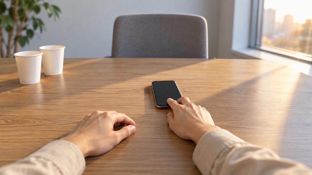 窓際の面談席で、手が机の上のスマートフォンを向かいの空いた椅子へ押し出す。紙コップ2つ