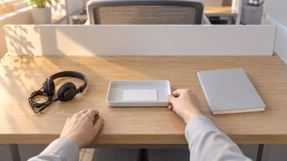 空いた席の机に、無地のカードを入れたトレーと有線ヘッドセットを用意する手元