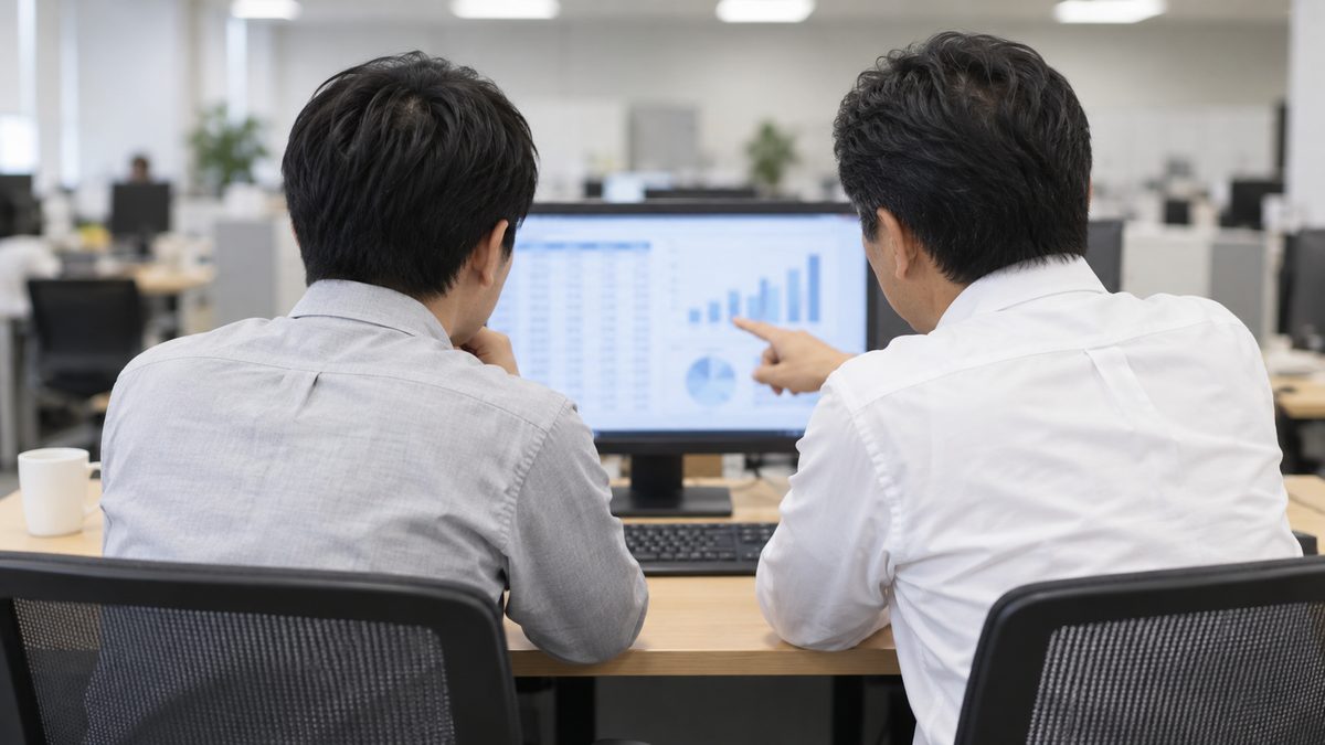 並んで座る2人の後ろ姿。右の人が画面の表とグラフを指で示し、左の人が聞いている