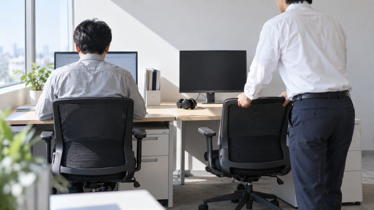 窓際の事務所で、空いた席へ椅子を押して引き寄せる人と、隣で作業する後任の後ろ姿