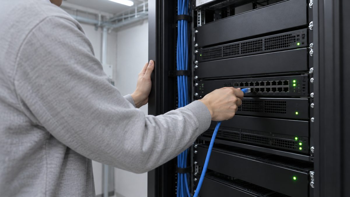 社内のサーバー室で、エンジニアがラックの機器に青いLANケーブルを差し込んでいる手元