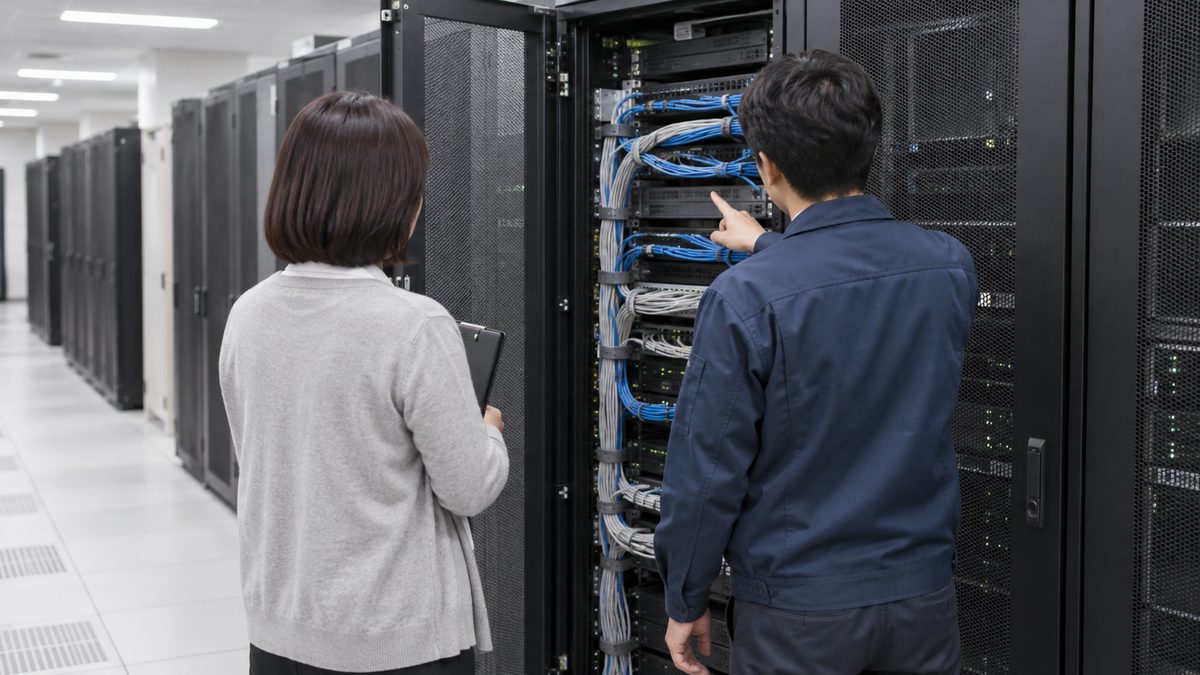 サーバールームで、扉の開いたラックのケーブルを指す作業着の担当者と、隣で見る人事担当の後ろ姿