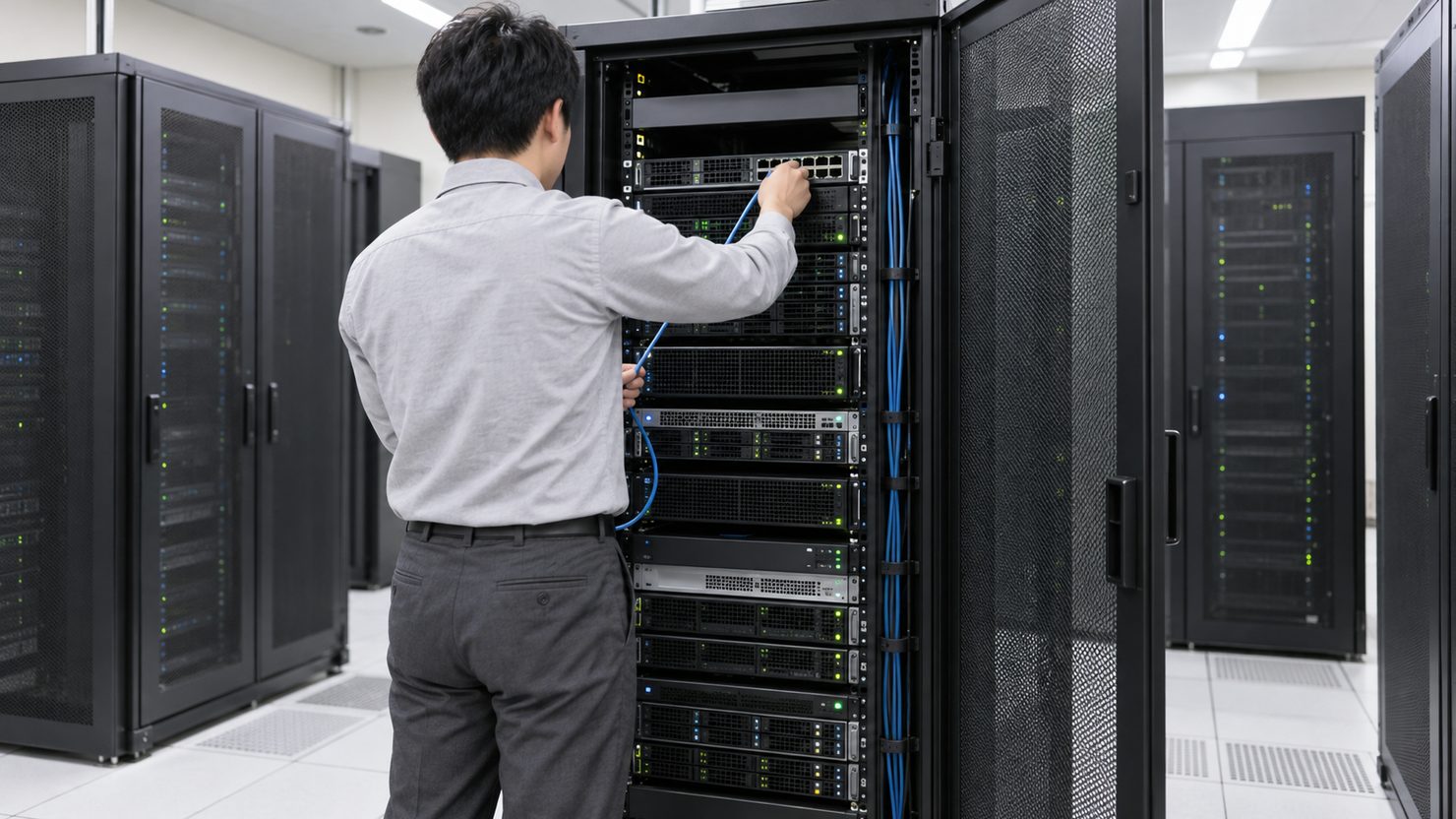 サーバー室で扉を開けたラックの前に立ち、サーバーにLANケーブルを差し込むインフラエンジニアの後ろ姿