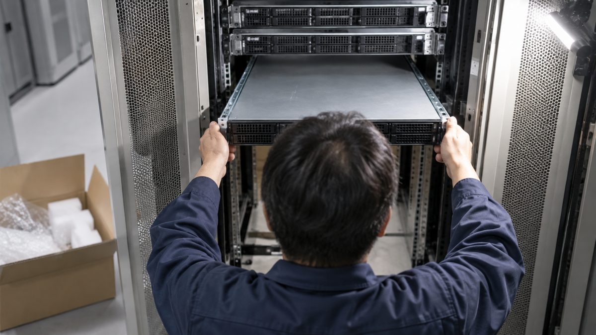 サーバー室で紺の作業着の担当者が、新しいサーバー機を両手で持ちラックのレールへ差し込む後ろ姿と、床の段ボール箱