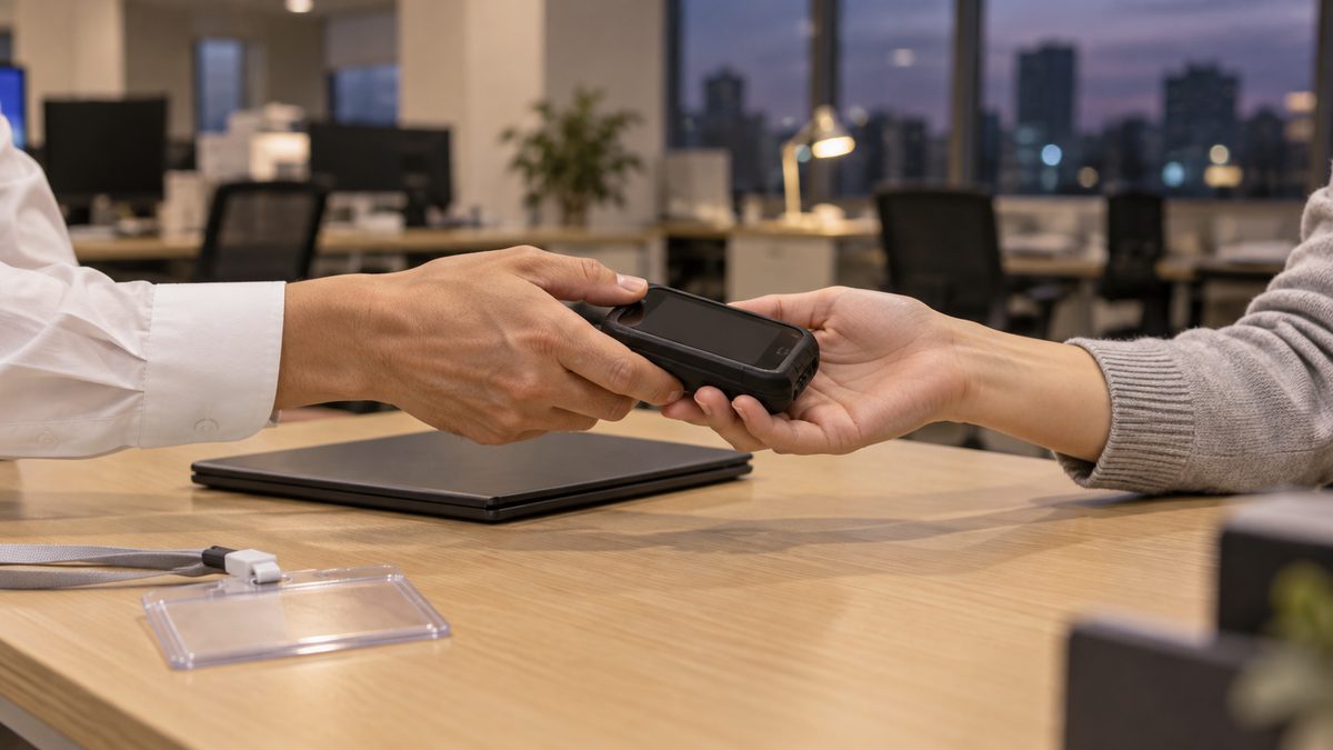 夕方の執務室の木目の机で、夜間当番用の業務用携帯電話を日勤の担当者が当番の担当者の手に渡す場面