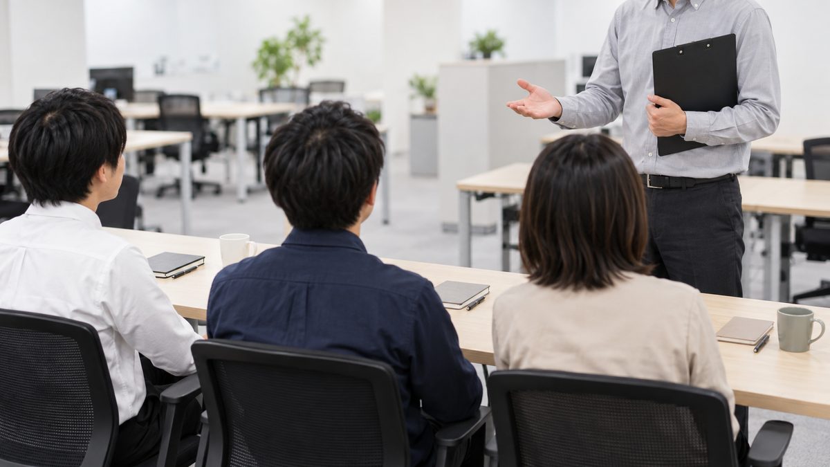 執務室でクリップボードを持ったチームリーダーが、長机に並んで座るメンバー3人に話している