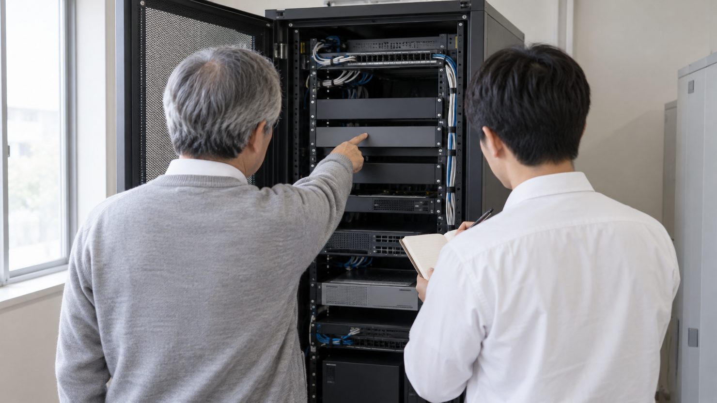 扉を開けたサーバーラックの機器を指で示す白髪まじりの担当者と、隣でノートに書き留める後任の後ろ姿