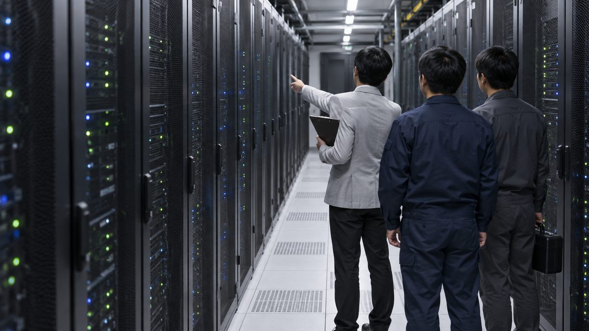 夜のサーバールームの通路でPMがクリップボードを持ってラックを指し、作業担当のエンジニア2人がその方向を見ている
