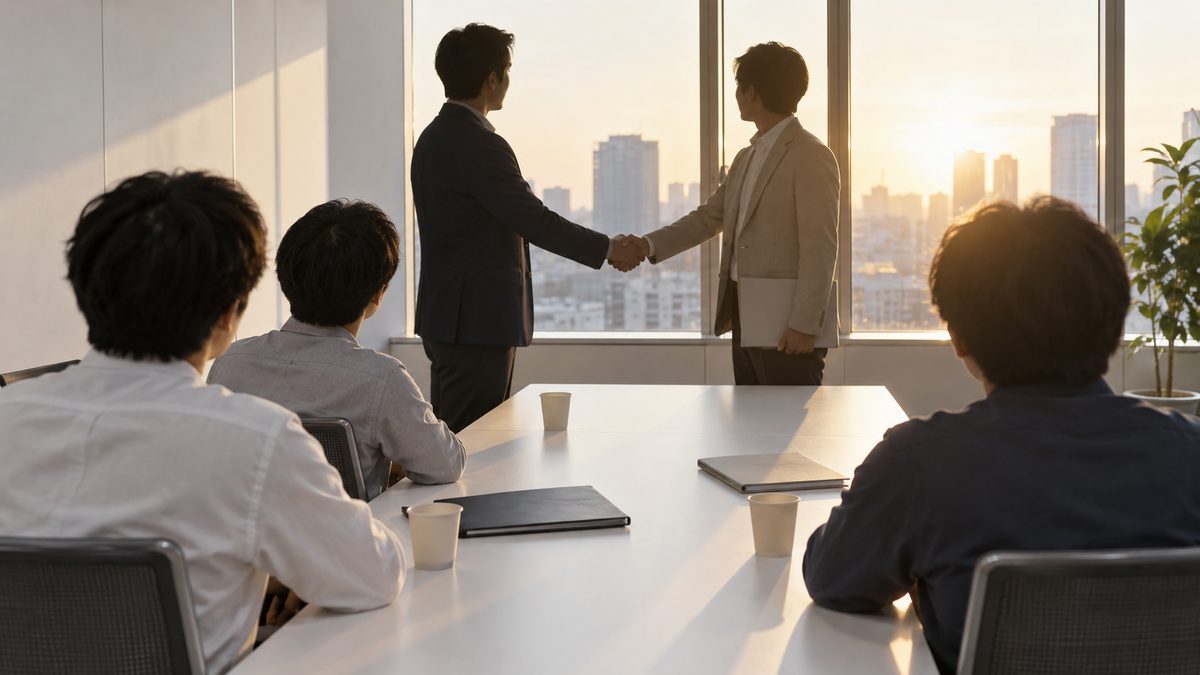 夕方の会議室で社内の責任者と外部のPMが握手し、長机に座る開発チームの3人が2人の方を見ている