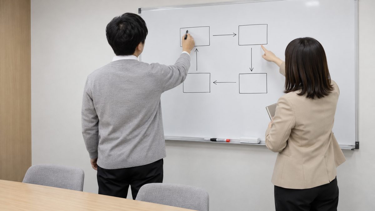 会議室で開発マネージャーがホワイトボードに四角と矢印でシステムの構成を描き、隣の採用担当が四角を指している