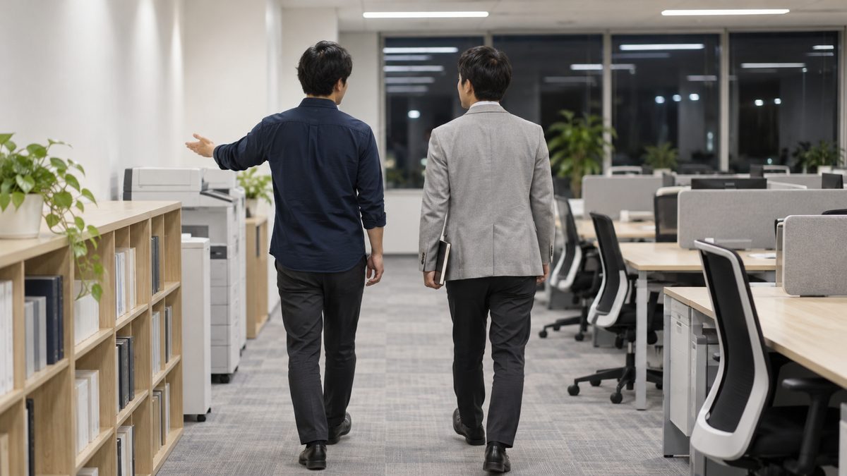 夜のオフィスの通路で、先輩が書棚と複合機を示しながら中途の社員を案内する後ろ姿