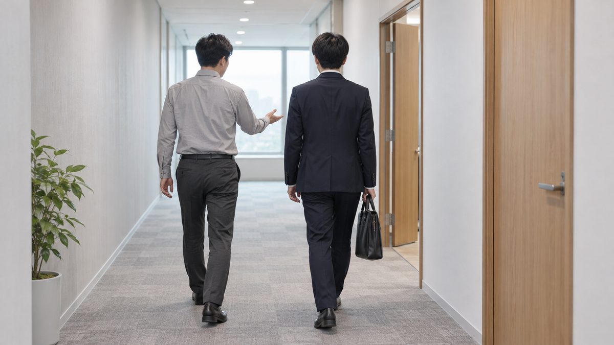 面接官を務める社員が応募者と並んで廊下を歩き手のひらで面接室の方向を示す後ろ姿