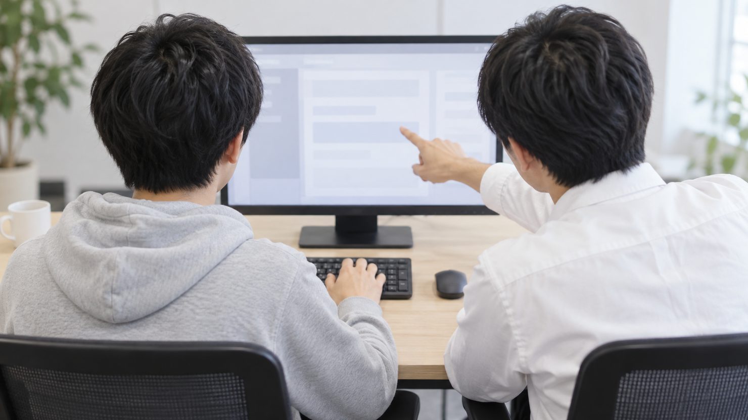 白シャツの指導役がモニターの画面を指し、グレーのパーカーの新人がキーボードに手を置いて並んで見る後ろ姿