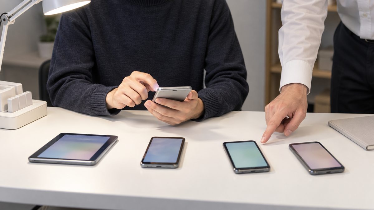 白い作業机で新人がスマートフォンを操作して動作を確かめ、横に立つ指導役が机に並んだ別の端末を指している