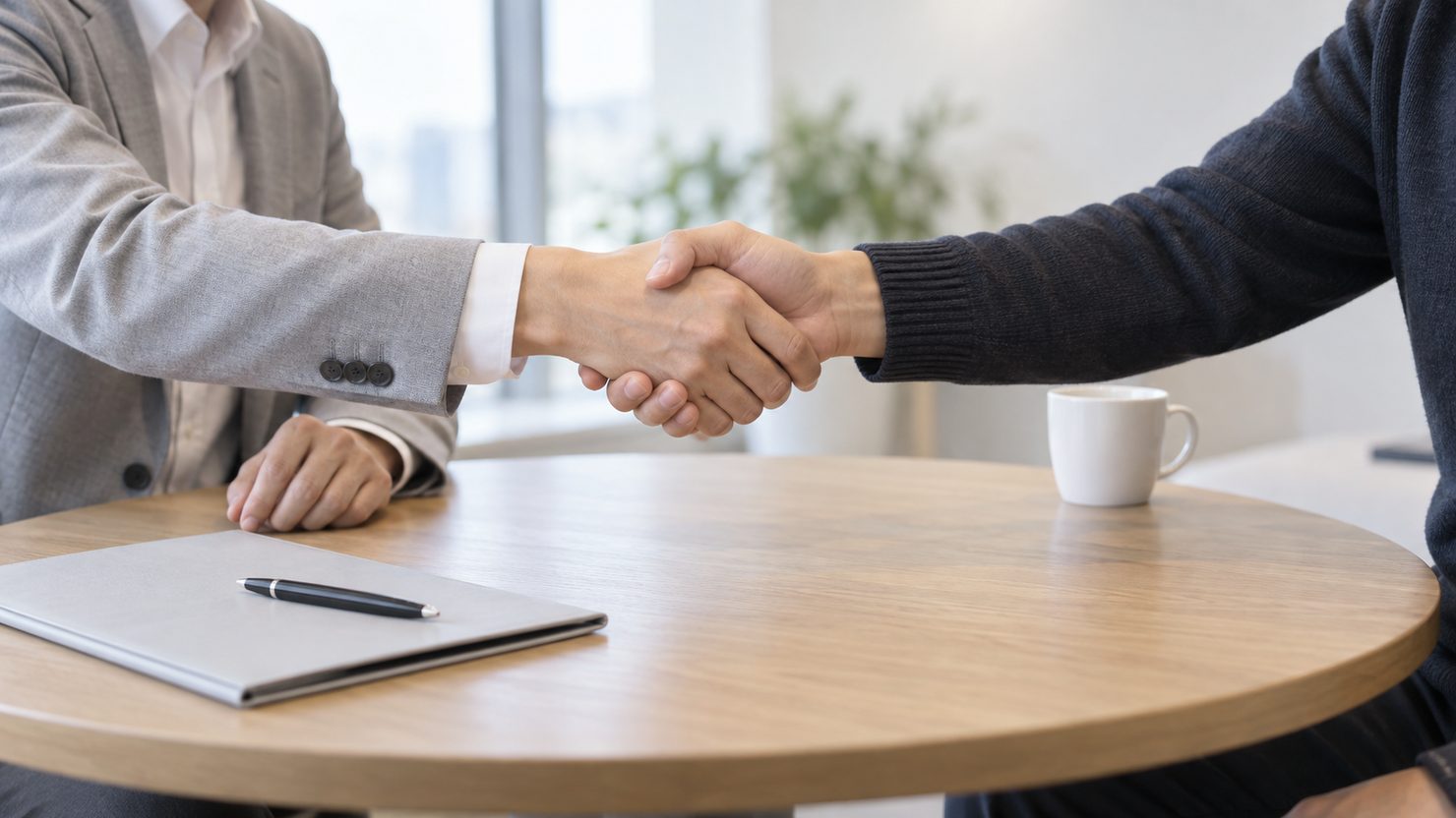 木目の丸い打ち合わせ机で企業の担当者とフリーランスのエンジニアが握手し、手前に閉じたフォルダーとペンがある