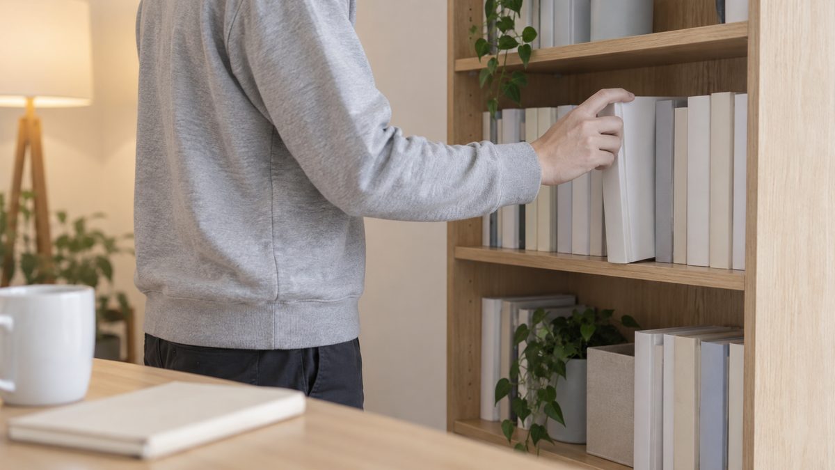 自宅の作業部屋で個人で働くエンジニアが木の本棚から無地の専門書を1冊引き出している