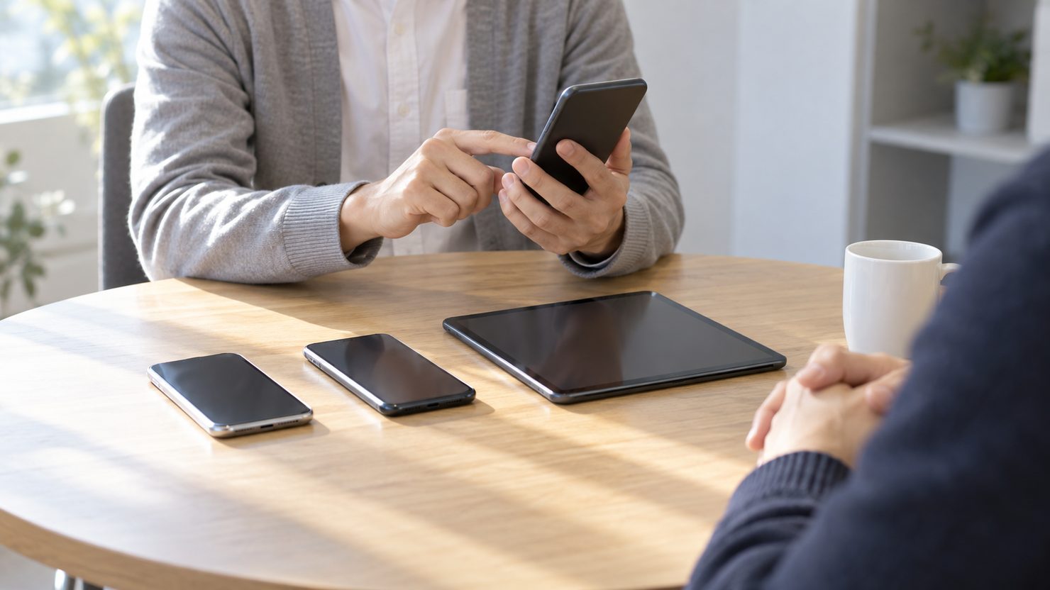面接の木目の丸テーブルで候補者がスマートフォンを操作し、机に検証用の端末3台が並び面接担当が手を組んで見ている