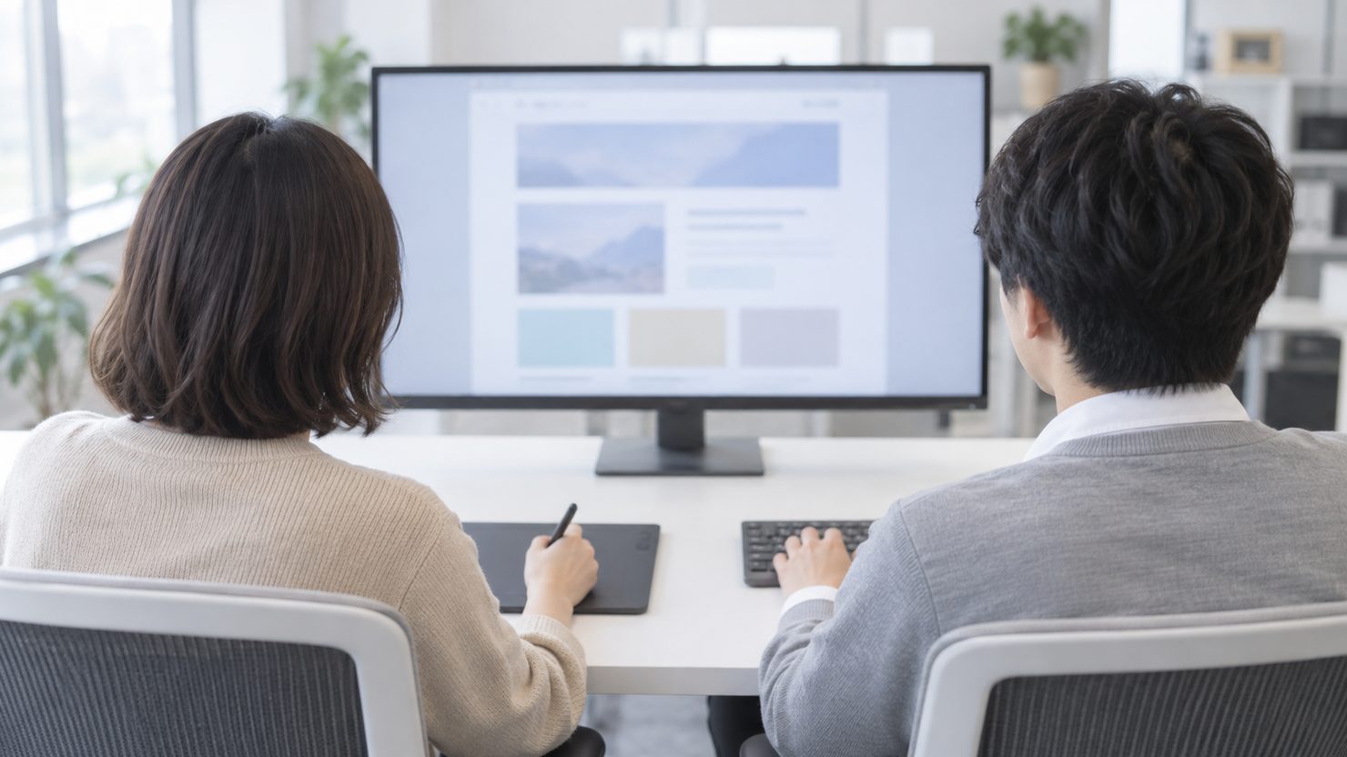 2人が並んで座り大きなモニターの作りかけのWebページを見る後ろ姿、左の人はペンタブレット、右の人はキーボード
