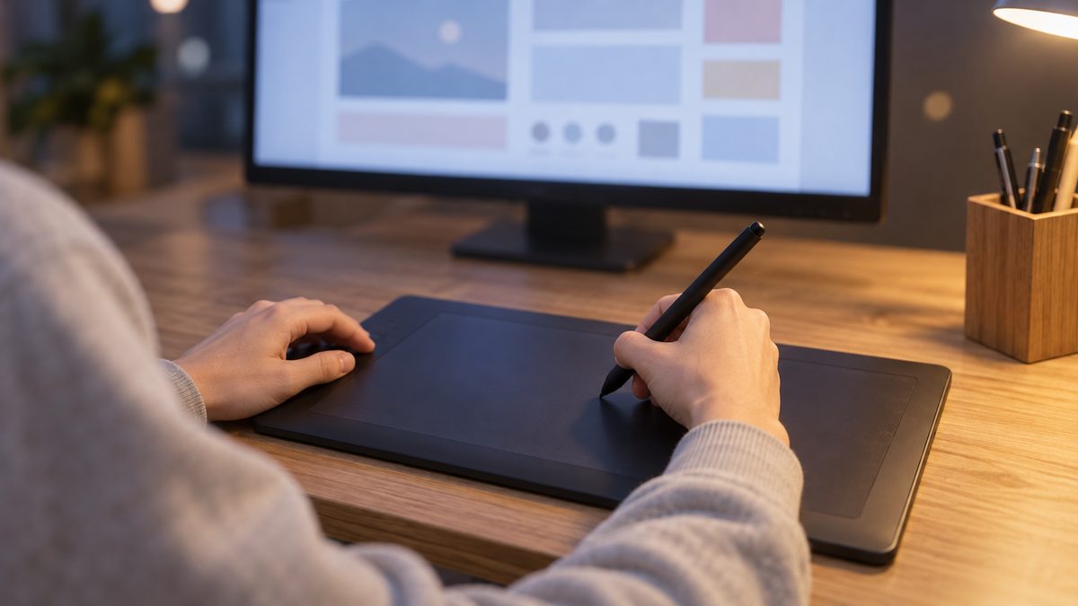 デスクライトの下でペンタブレットにペンを当てる手元、奥のモニターに画面の配置図がぼけて映る