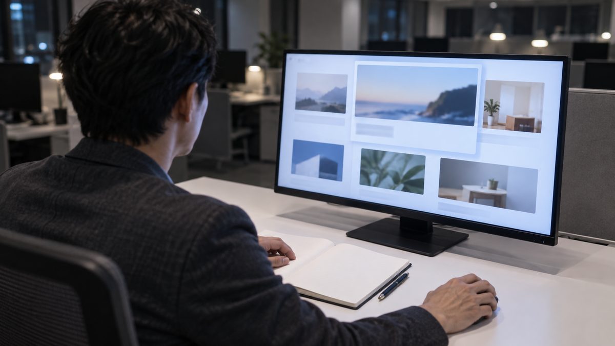 夜のオフィスで開発マネージャーがWebページの見本が並ぶモニターを見ながらマウスを操作し白いノートを押さえる