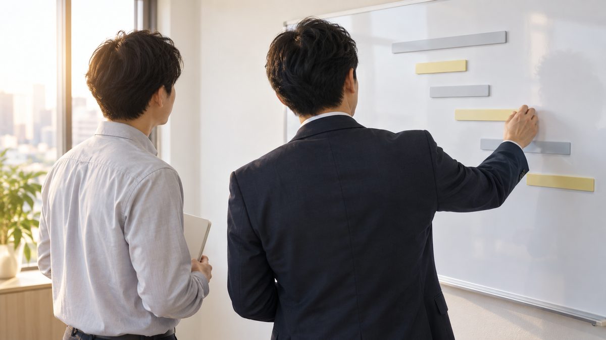 夕方の窓際で社内の責任者がホワイトボードの工程表のマグネットを動かし、ノートを抱えた外部の担当者が隣で見ている