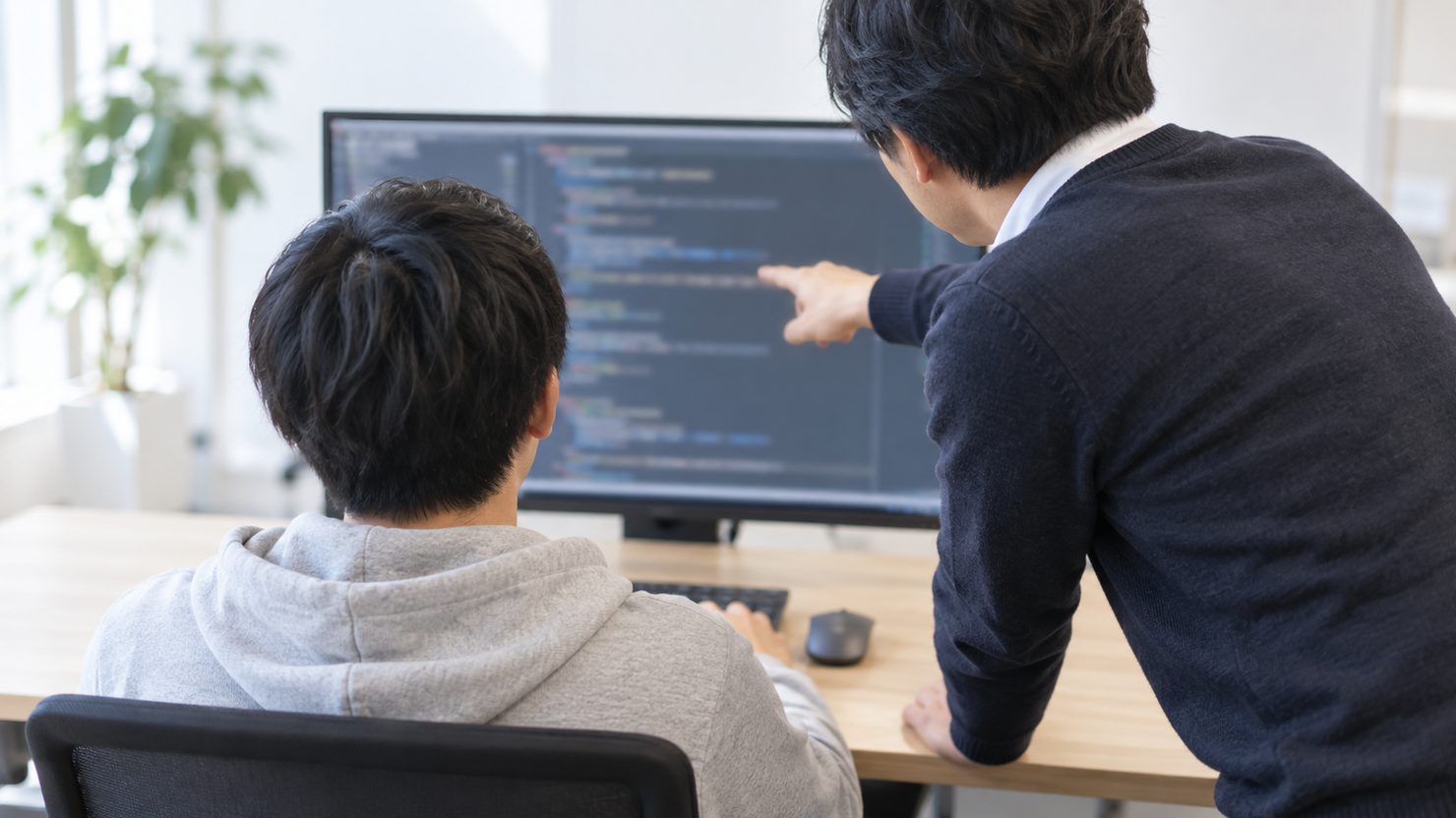 テックリードが立ってモニターのプログラムの画面を指し、座ったエンジニアが後ろ姿でその箇所を見ている
