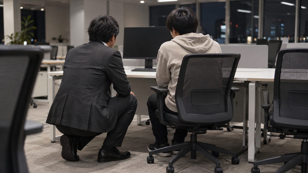 夜のオフィスで、座る開発メンバーの横にマネージャーがしゃがみ、目線を合わせて話を聞いている