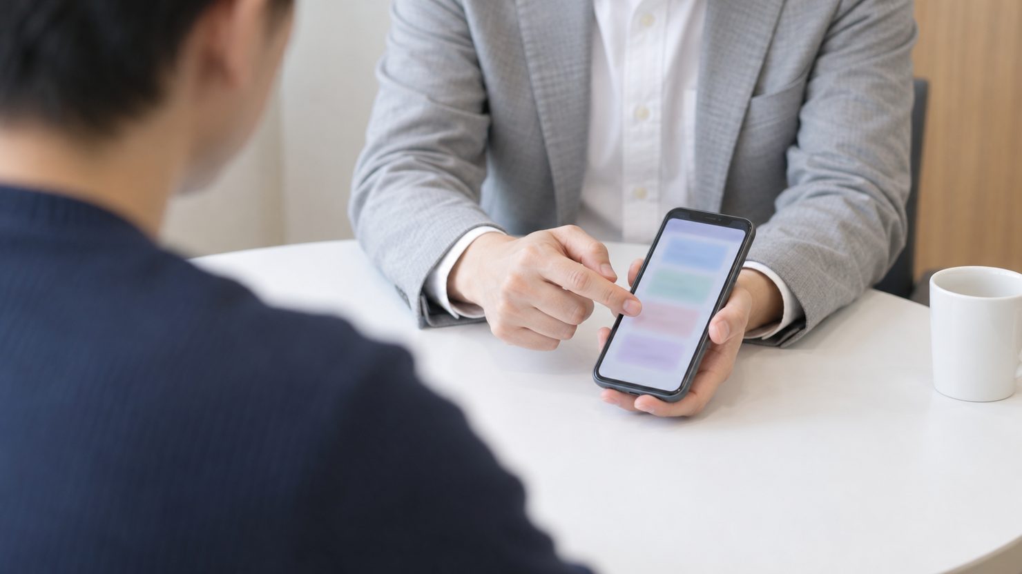 面接の席で候補者が手に持ったスマートフォンのアプリ画面を指して見せ、手前の面接官がのぞき込む