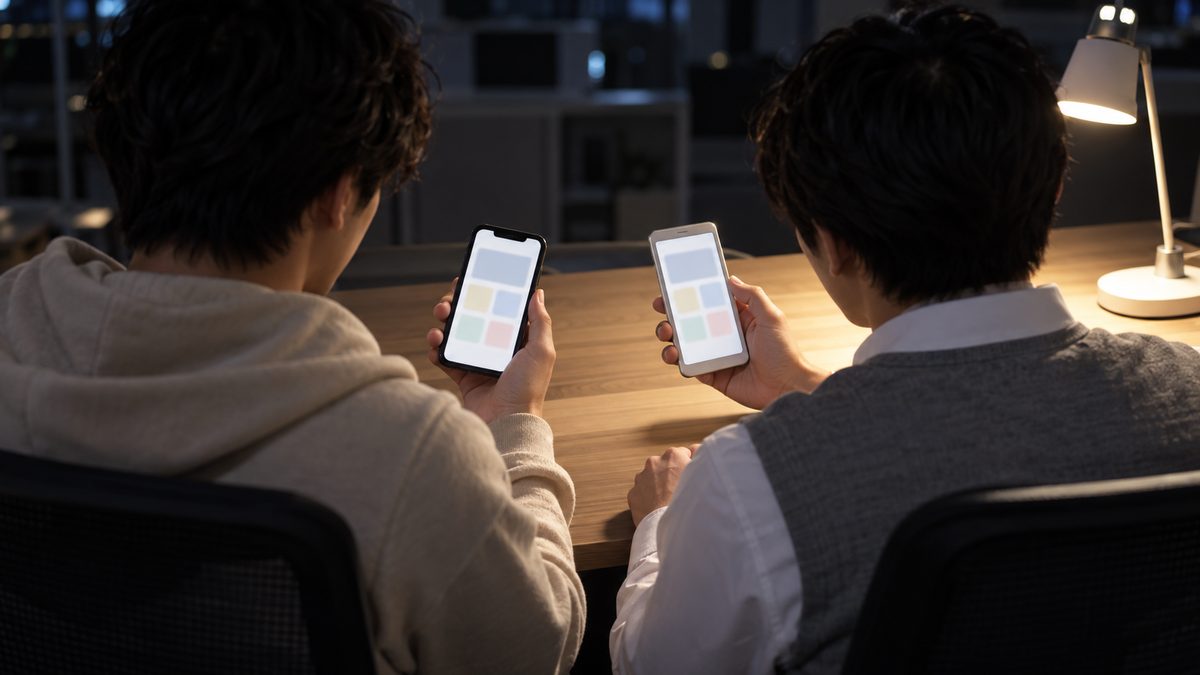 夜の開発席で2人のエンジニアが形の違うスマートフォンを手に持ち同じアプリの表示を見比べる後ろ姿