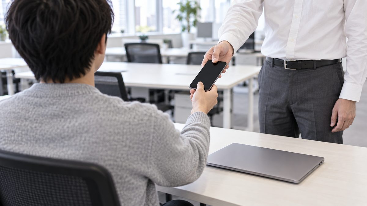 昼のオフィスで開発マネージャーが席に座った業務委託のエンジニアに検証用のスマートフォンを手渡す
