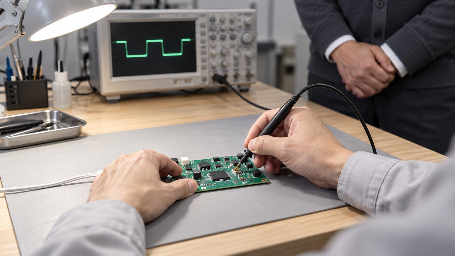 開発室の作業台で候補者が試作の基板にプローブを当て、奥の測定器に波形が映り、面接担当が横で見ている