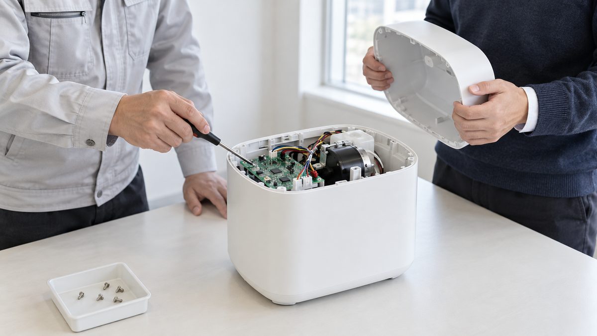 窓際の作業台でふたを外した白い試作機の基板をドライバーで示す回路担当と、ふたを持ってのぞくソフト担当