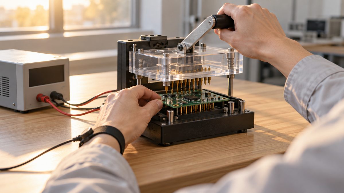 西日の入る評価室で技術者が検査用の治具に試作の基板を合わせ、透明なふたのレバーを下ろしている