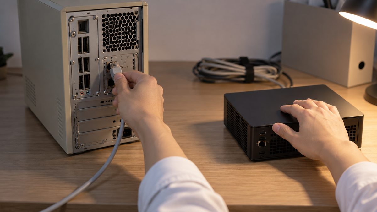 デスクライトの下で古いベージュ色の本体の背面からケーブルを抜き、新しい黒い小型の本体に手を置く担当者の手元
