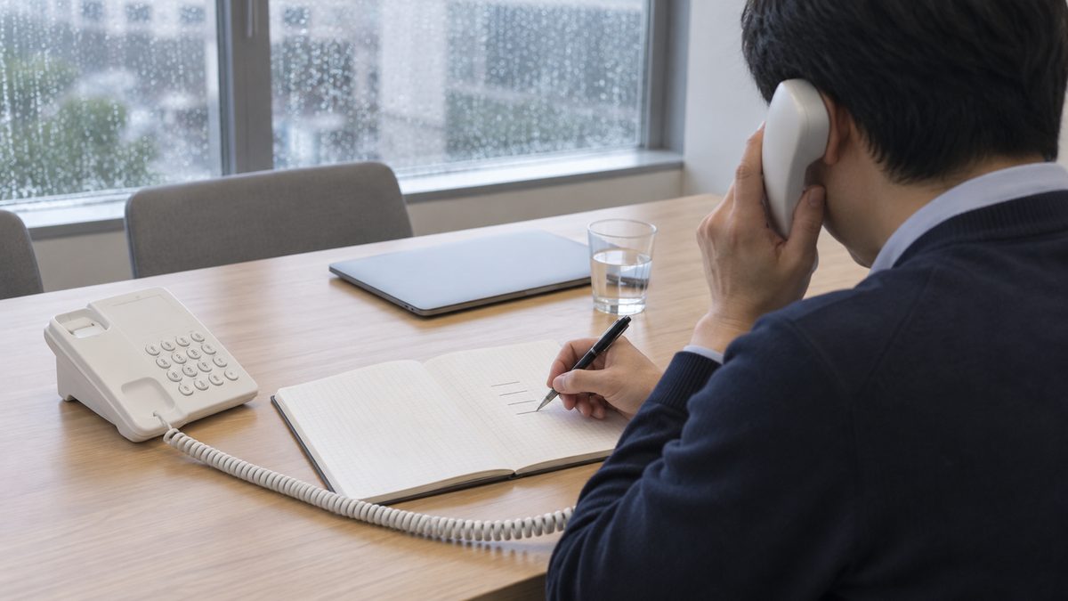 雨の窓辺の会議室で卓上電話の受話器を耳に当て、方眼ノートに短い線を引きながら相談する開発マネージャー