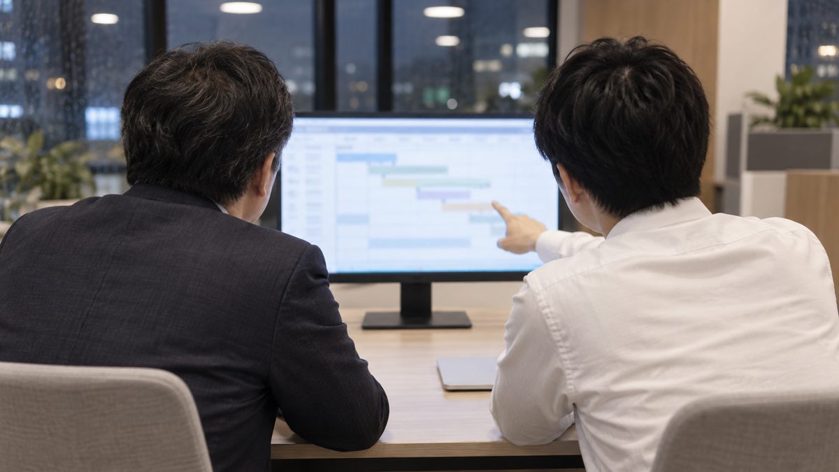 夜の打ち合わせ席でモニターのぼけた予定表を並んで見る開発マネージャーとチームリーダーの後ろ姿