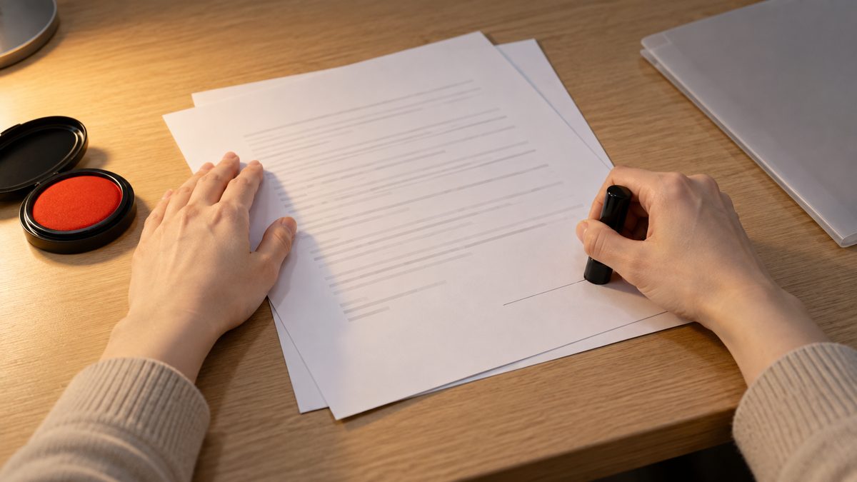 夜の総務の席でデスクライトの下、業務委託の契約書に黒い印鑑を押し当てる手元と開いた朱肉