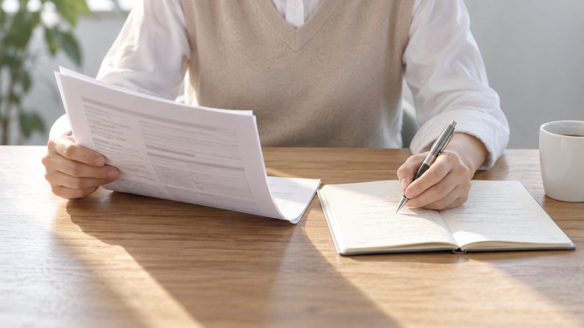 朝日の入る木目の机で採用担当が職務経歴書を左手で持って読み、右手のペンでノートに書き留めている