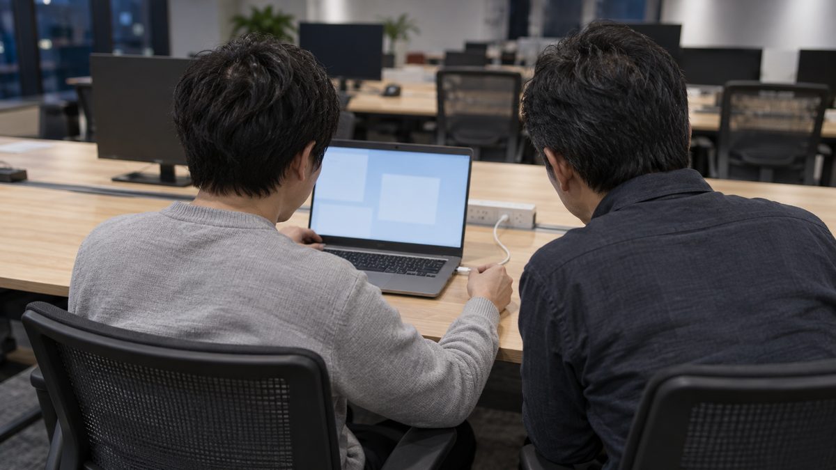 夕方の開発チームの席で新しく入ったエンジニアがノートPCにケーブルをつなぎ、隣の先輩が画面をのぞき込む後ろ姿
