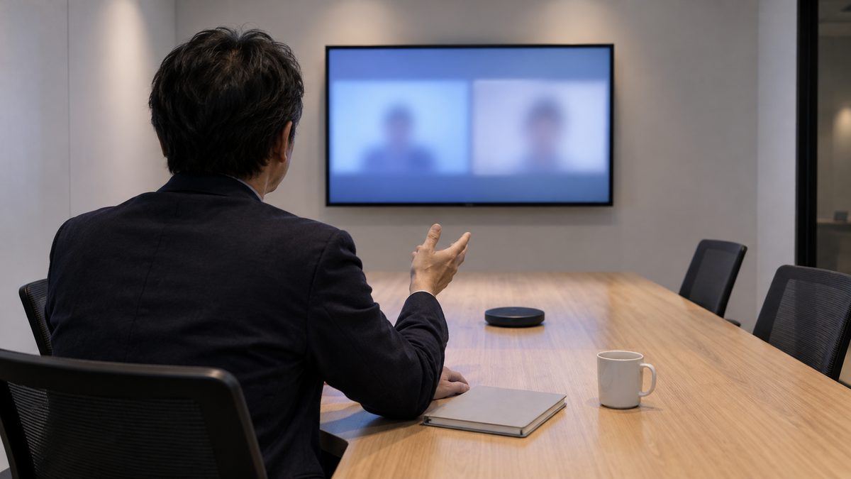 夜の会議室で開発マネージャーが壁のディスプレイに映る外部のエンジニアとリモートで作業の範囲を話す後ろ姿
