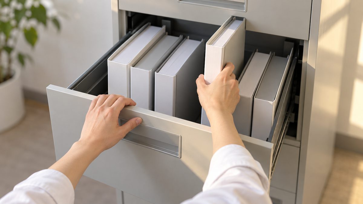 西日の差す人事部で書類キャビネットの引き出しを開け、無地のファイルを差し入れて収める手元