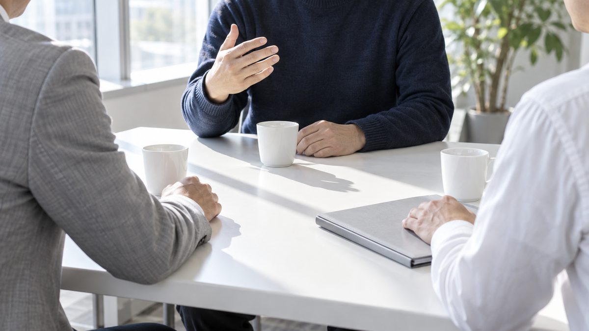 窓際の白いテーブルで社内の3人が話し合い、奥の人が手を上げて意見を述べ手前の2人が聞いている