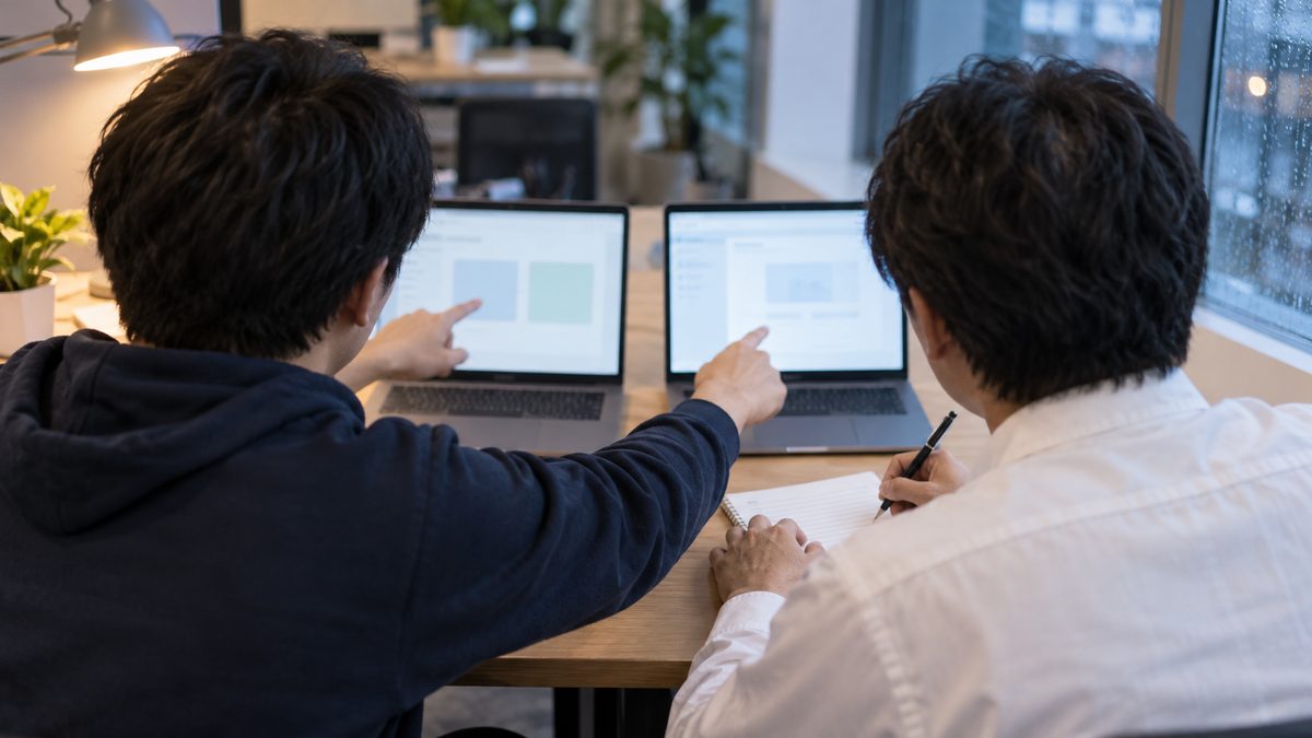 外部のエンジニアが2台のノートPCの画面を指して比べ、社内の担当者がノートに書き込む後ろ姿