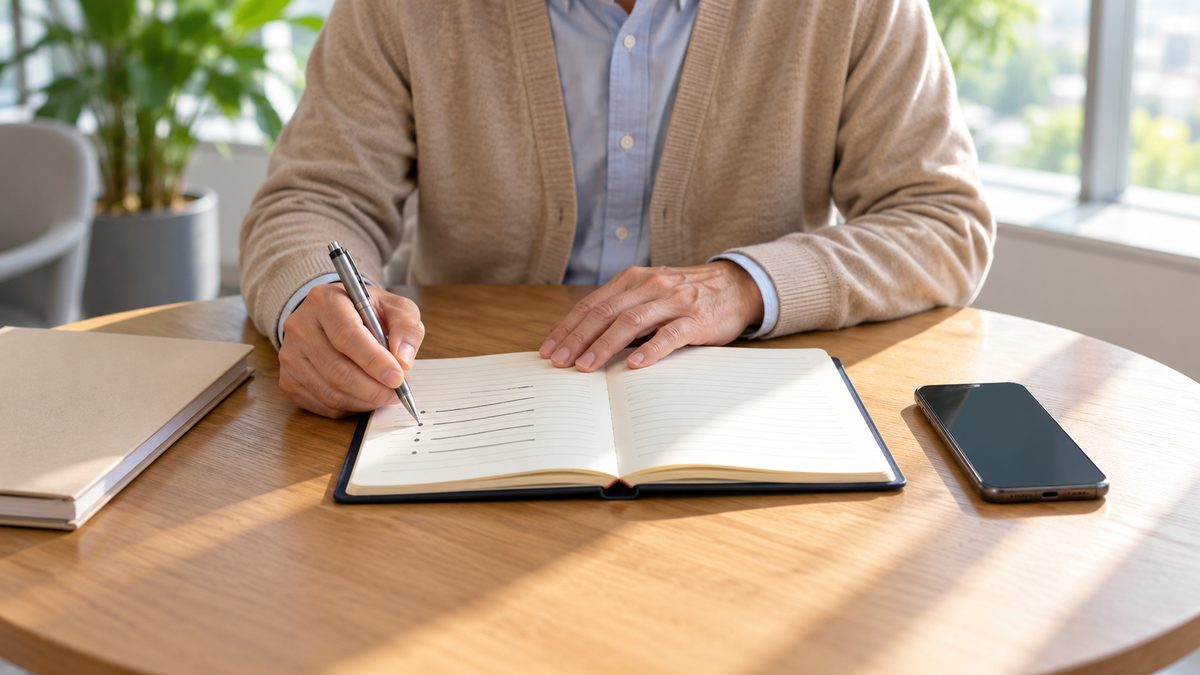晴れた朝の丸テーブルで手帳に確認点を書き出す担当者の手元とスマートフォン