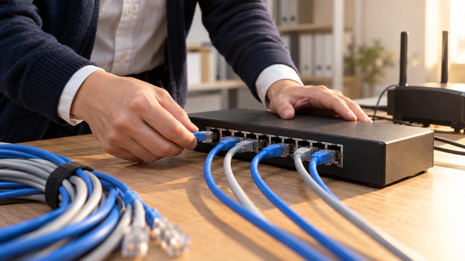 作業台で業務委託の技術者が卓上ネットワークスイッチにLANケーブルを差す手元