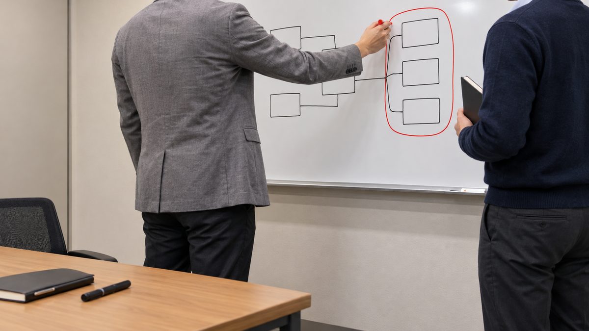 会議室で社内担当がホワイトボードの構成図の一部を赤マーカーで囲み委託技術者が見る